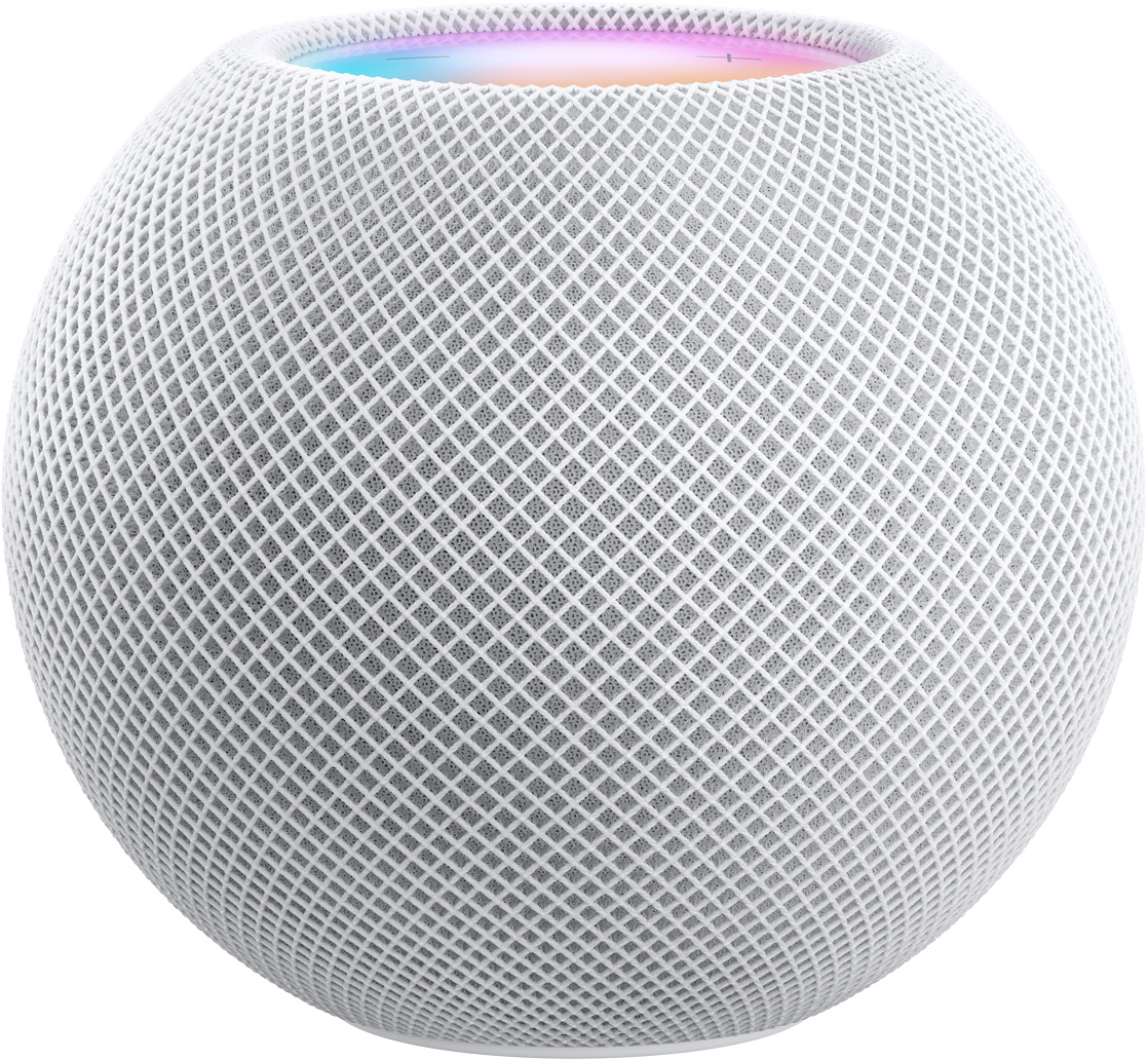 カラフルなトップキャップがわずかに見えるホワイトのHomePod mini