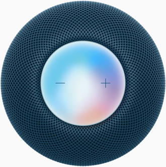 ブルーのHomePod miniを上から見た図。プラスとマイナスの音量調(diào)節(jié)ボタンと、その下にカラフルなディスプレイが見えている