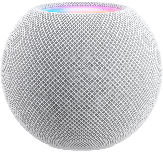 ホワイト、ブルー、オレンジのHomePod miniが前後に重なるように並べられている様子を橫から見た畫像。Siriがオンになっている