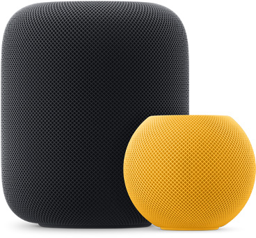 Forrest ses en gul HomePod mini, og til h?jre for den en HomePod i farven midnat.