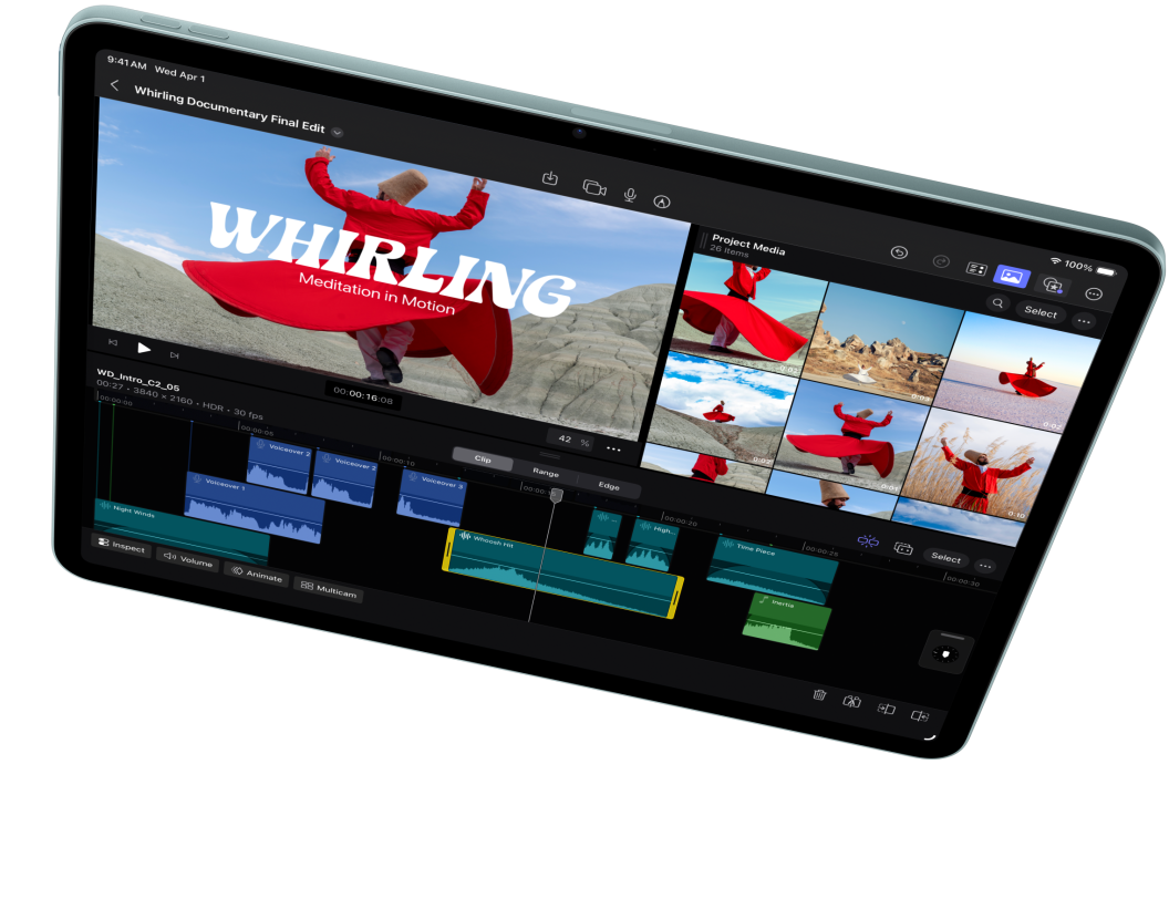 iPad Air v orientaci na ?í?ku, na obrazovce je vidět upravování videa ve Final Cutu Pro