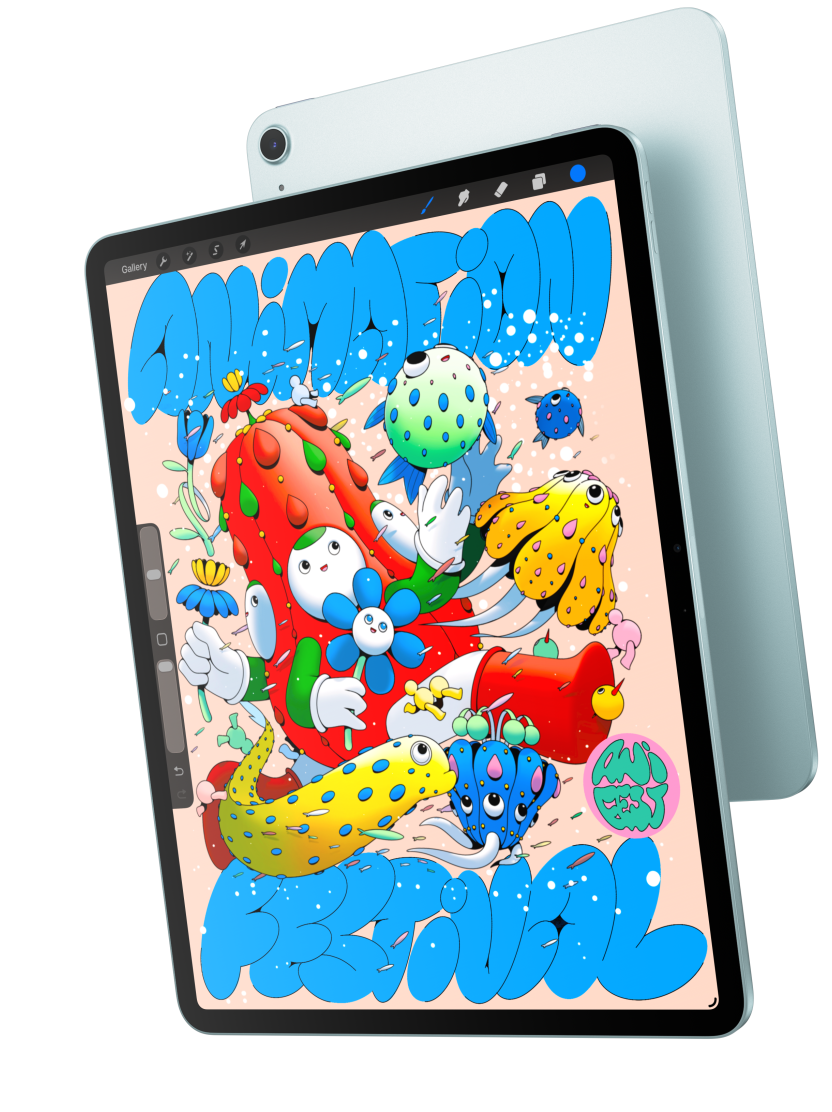 Pohled zep?edu na 13palcovy iPad Air s otev?enou aplikací Procreate, ktery p?ekryvá zadní stranu modrého iPadu Air