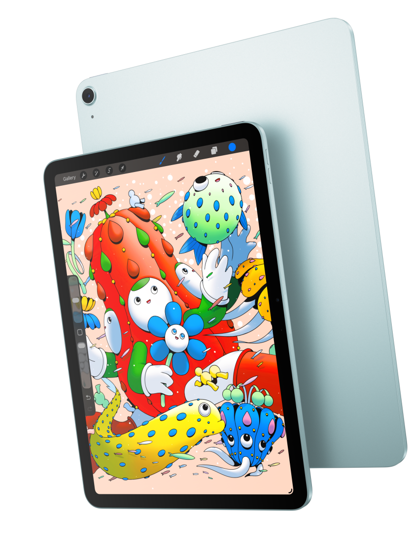 Pohled zep?edu na 11palcovy iPad Air s otev?enou aplikací Procreate, ktery p?ekryvá zadní stranu modrého iPadu Air