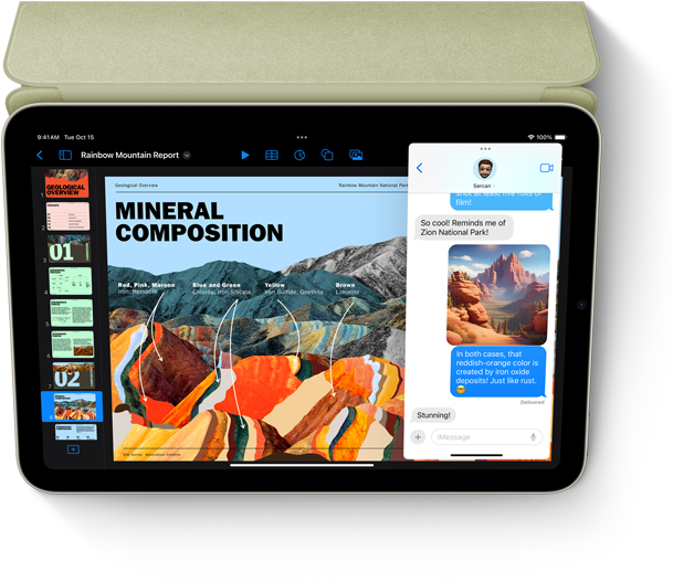 En iPad mini i liggende retning med Keynote og Meldinger i Slide Over vist p? skjermen.
