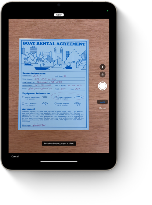 Dokumentskanning-funksjonen vises i Notater p? iPad mini.