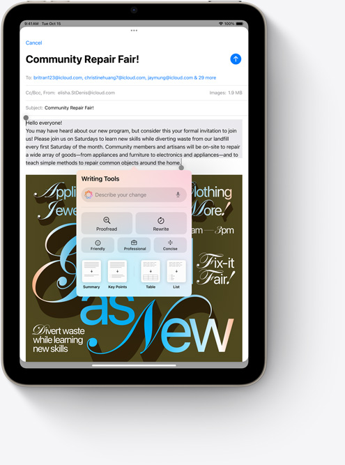 En iPad mini med den nye Apple Intelligence-funksjonen Skriveverkt?y vist i Mail-appen.