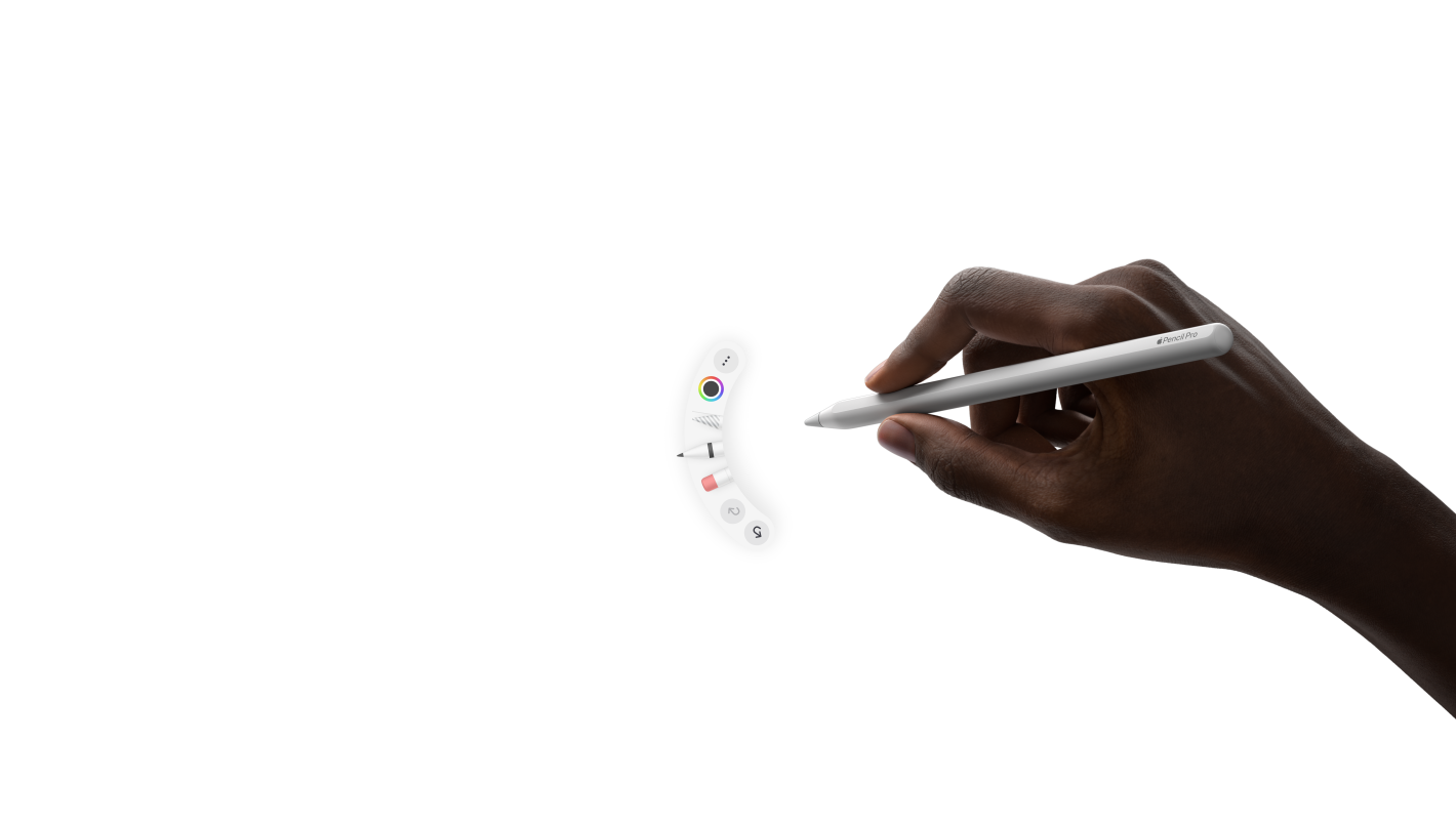 iPad Pro, face avant, orientation paysage, animation d’une main tenant un Apple Pencil Pro, geste de pincement faisant appara?tre une palette d’outils sous la pointe du stylet