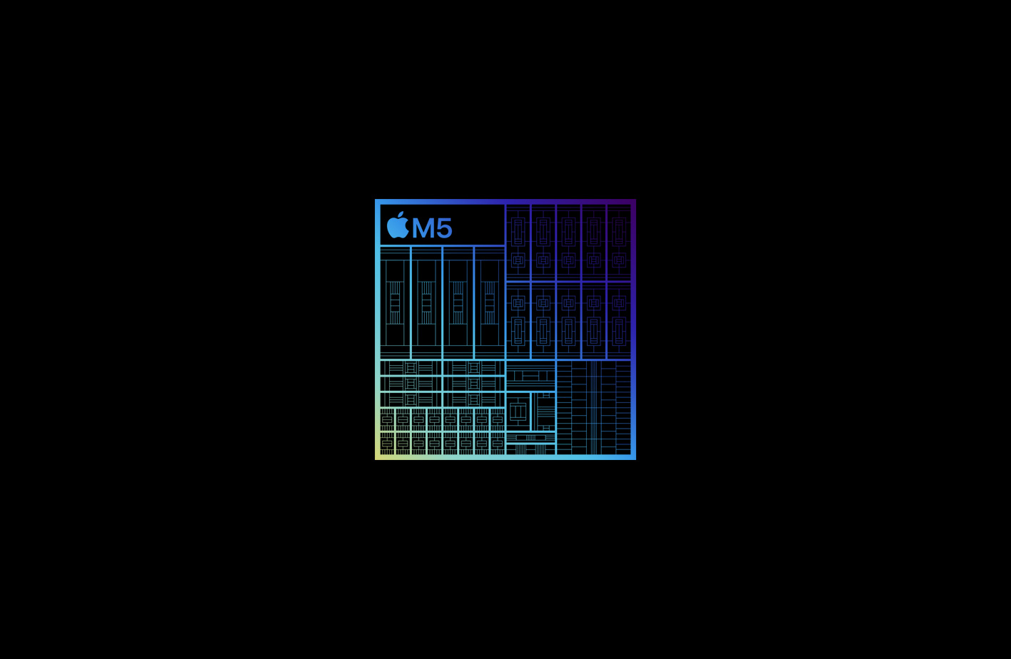 Imagen ampliada de la arquitectura del chip M5 en verde, azul y púrpura con un intrincado circuito y varios componentes y conectores