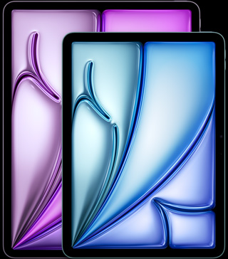 iPad Air de 13 pulgadas, iPad Air de 11 pulgadas, posición vertical, parte delantera exterior, esquinas redondeadas, marco de la pantalla negro, la pantalla muestra formas abstractas en rosa, verde y azul