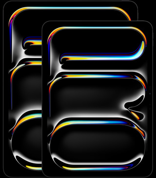 iPad Pro de 13 pulgadas, iPad Pro de 11 pulgadas, posición vertical, parte delantera exterior, color negro espacial, esquinas redondeadas, marco de pantalla negro, las pantallas muestran la palabra ?PRO? en posición vertical y estilo abstracto y multicolor