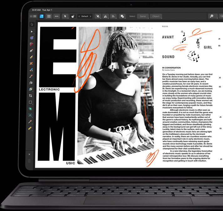 iPad Pro, etupuoli, vaakasuunnassa, t?htimusta v?ri, liitetty Magic Keyboardiin, avoinna, etupuoli, vaakasuunnassa, musta v?ri, iPad Pron n?yt?ll? on artikkeli, jota muokataan