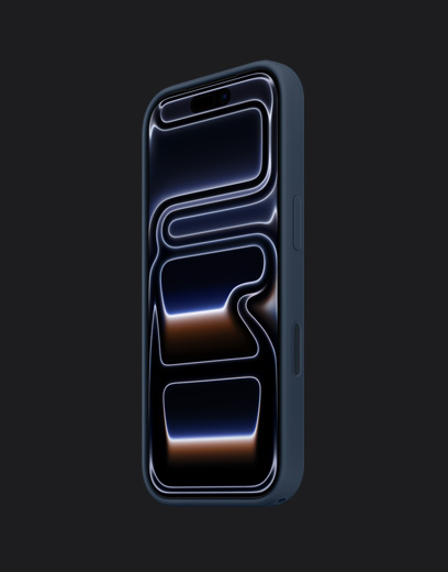 ?iPhone 17 Pro“, priekin?s pus?s dalis, tamsiai m?lynos spalvos, su silikoniniu d?klu, tamsiai m?lynos spalvos