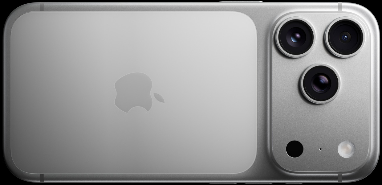 iPhone 17 Pro, hopeanv?rinen, taustapuoli, Pro Fusion ?kameraj?rjestelm?, 3 linssi?, mikrofoni, salama