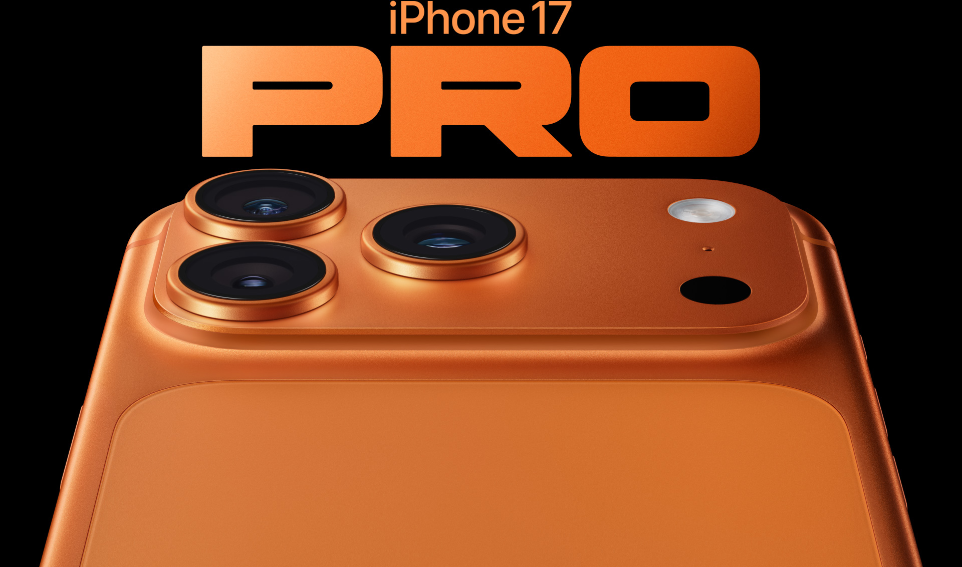 iPhone 17 Pro, kosmisen oranssin v?rinen, taustapuoli osittain n?kyviss?, ammattitason kameraj?rjestelm? vasemmassa yl?kulmassa, 3 linssi?, mikrofoni, salama