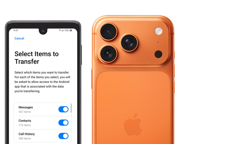 Dvě obrazovky vedle sebe, obrazovka Androidu s otev?enou aplikací P?echod na iOS, iPhone 17 Pro, pohled zezadu, profesionální Fusion fotosoustava, 3 objektivy, mikrofon, blesk