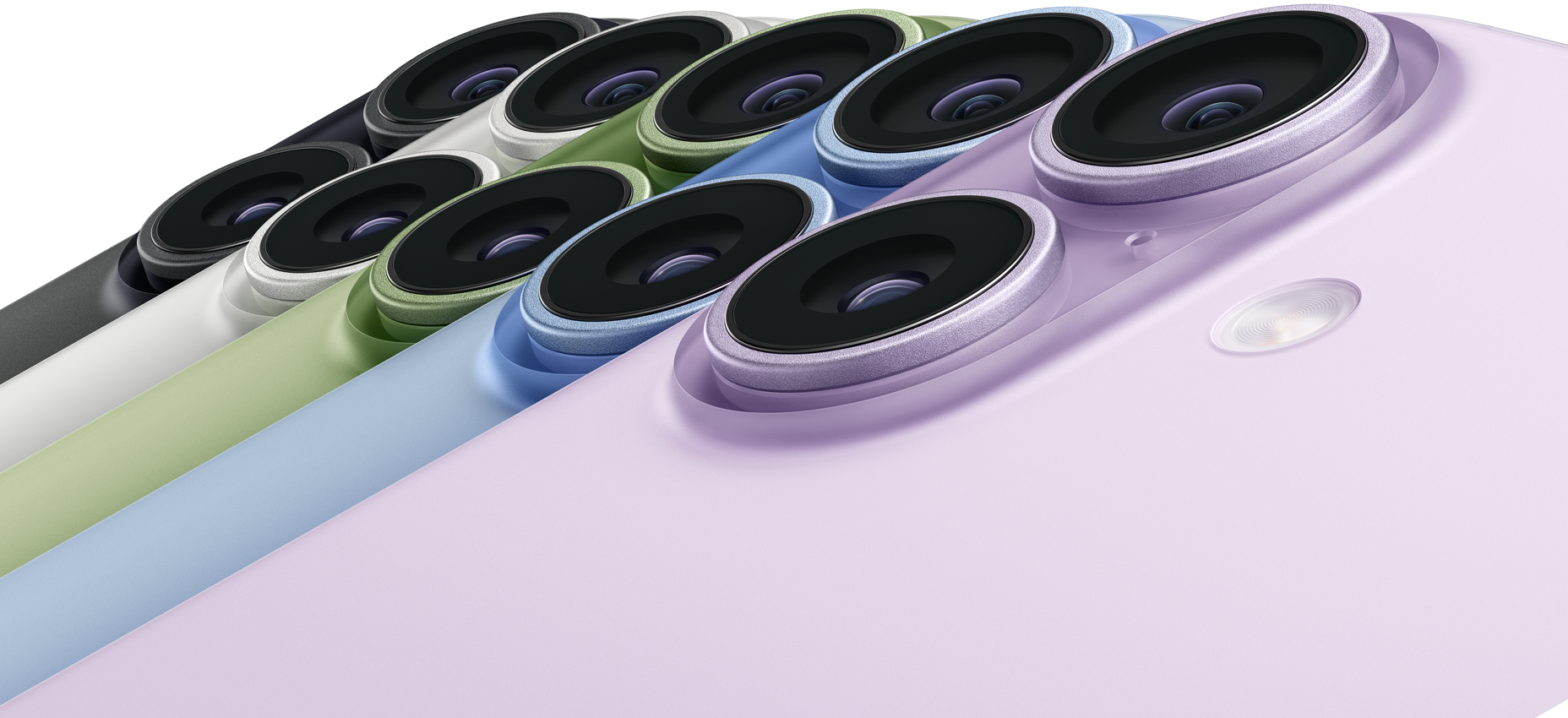 Fünf iPhone 17 Ger?te, Rückseite, oben links, Dual Fusion Kamera-System, Farben: Schwarz, Wei?, Salbei, Nebelblau, Lavendel
