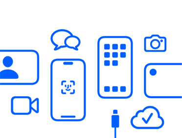 Apple Ger?te und Features, iCloud, iPhone mit Face ID und Ladekabel, Kamera, Nachrichten.