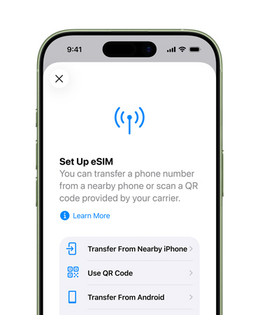 iPhone 17, Vorderseite, mit dem Feature ?Mobilfunk konfigurieren“, um eine Telefonnummer mit eSIM einfach zu übertragen