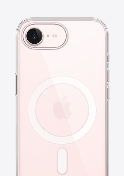 ソフトピンクのiPhone 17eの背面の外観、MagSafe対応クリアケースが裝著されている。上部にFusionカメラ、中央にAppleのロゴ