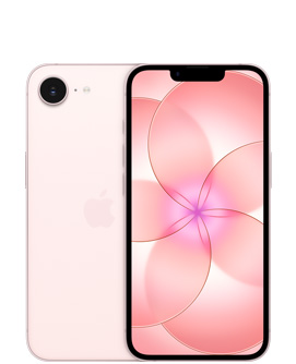 ソフトピンクのiPhone 17eの背面の外観。左上にFusionカメラ、中央にAppleのロゴがある。前面の外観。ソフトピンクのカラー、オールスクリーンのデザイン