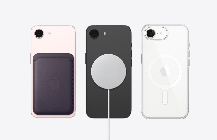 iPhone 17eの背面の外観。MagSafeアクセサリが取りつけられている