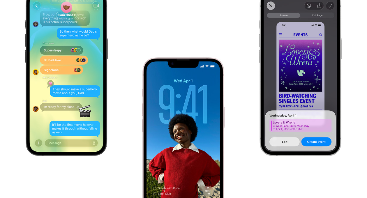Forsiden af tre iPhone 17e-enheder viser appen Beskeder med Liquid Glass-design, dynamisk l?sesk?rm og en begivenhed i Kalender via sk?rmbilledefunktionen