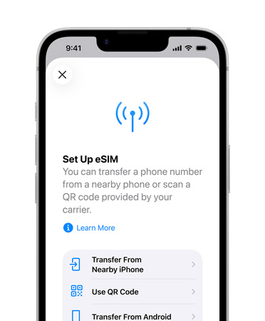 iPhone 17e vist forfra med funktionen Indstil eSIM, der kan bruges til at overf?re et telefonnummer fra en telefon i n?rheden eller ved at scanne en QR-kode