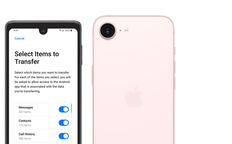C?te à c?te, appareil Android montrant l’app Migrer vers iOS, iPhone dix-sept-e, face arrière, rose pale, caméra Fusion