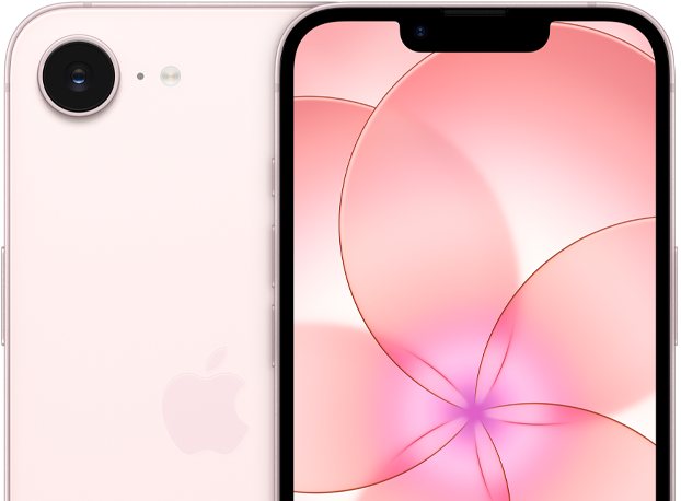 ソフトピンクのiPhone 17eの前面の外観。iPhone 17eの背面の外観の一部分、カメラが見えている