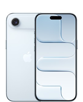 iPhone Air, fra baksiden, i fargen himmelbl?, Fusion-kamerasystem ?verst, Apple-logo i midten, fra forsiden, i fargen himmelbl?, Dynamic Island sentrert ?verst