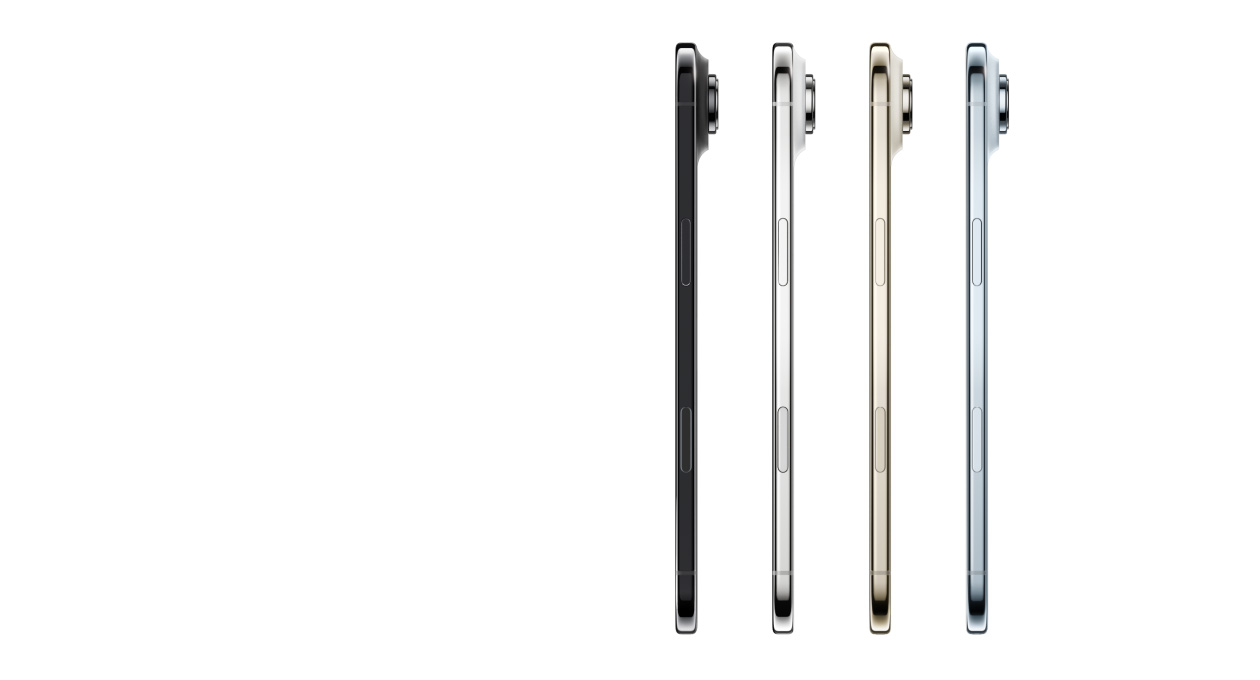 iPhone Air, fra siden, farger: himmelbl?, lys gull, skyhvit og stellarsvart, usedvanlig tynn profil, Fusion-kamerasystem, knapper: sideknapp, Kamerakontroll