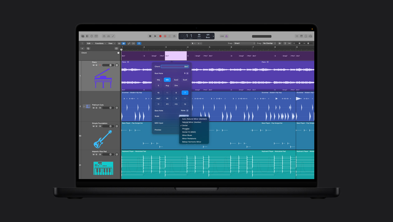 Pantalla de un MacBook Pro de 16 pulgadas que muestra Pista de Acordes, Piano, Platinum Cuts, Simple Foundation, Majestic Rise Pad, y ajustes de la ventana de Acorde