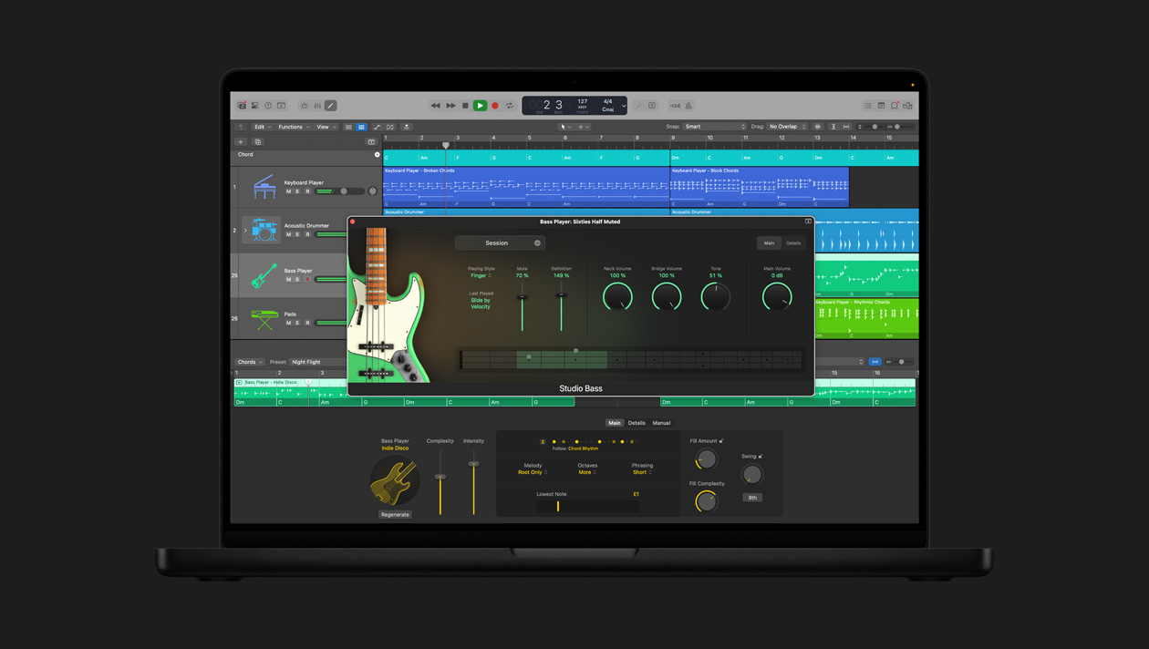 Pantalla de un MacBook Pro de 16 pulgadas que muestra Session Players, Studio Bass Player Sixties Half Muted y ajustes