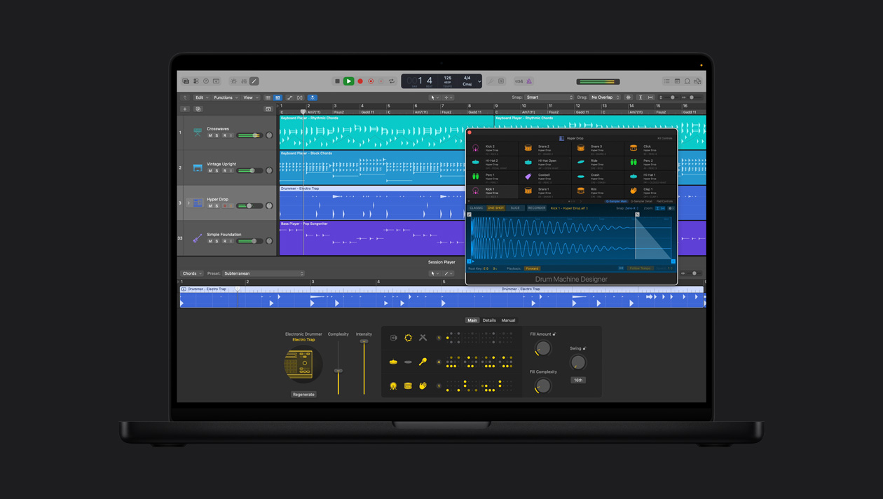 Pantalla de un MacBook Pro de 16 pulgadas que muestra Electronic Drummer, la ventana de Hyper Drop está abierta con Drum Kit Designer, a la izquierda se ven filas de Crosswaves, Vintage Upright, Hyper Drop, Simple Foundation, en la parte inferior están los controles de Electronic Drummer Electro Trap