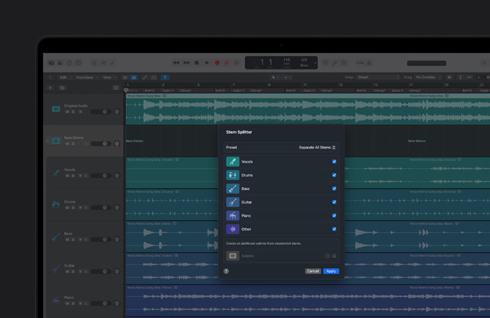 Pantalla de un MacBook Pro de 16 pulgadas que muestra el módulo de Divisor de Stems, y stems de voces, bajo, guitarra, batería, piano y otros instrumentos