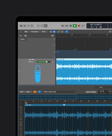 Pantalla de un MacBook Pro de 16 pulgadas con una onda de sonido que muestra una sincronización de tempo