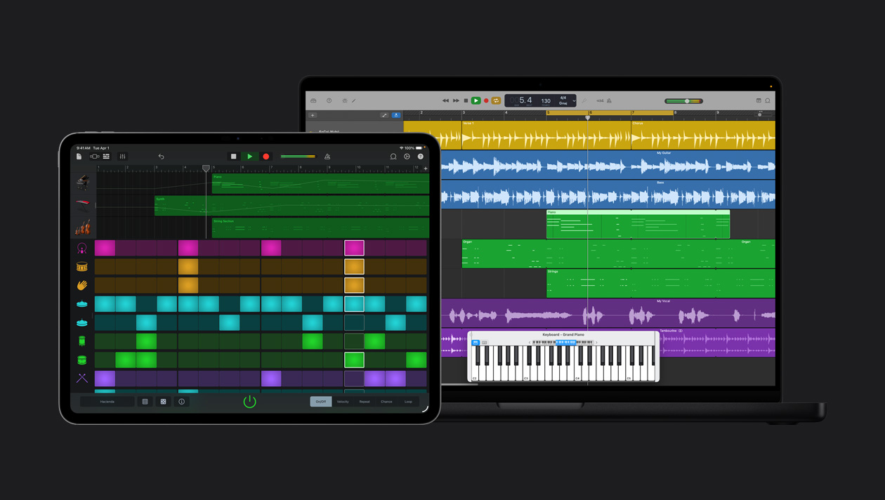 Pantalla de un iPad Pro de 13 pulgadas que muestra un espacio de trabajo con el panel de instrumentos a la izquierda y los colores y ondas de audio correspondientes junto a ellos, pantalla de un MacBook Pro de 16 pulgadas que muestra filas con distintos instrumentos y ondas de sonido de diferentes colores, teclado Grand Piano en la parte inferior
