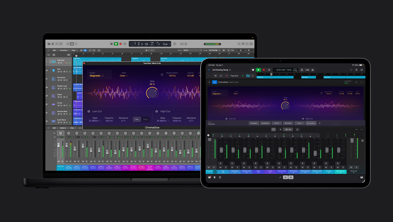 Espacio de trabajo en un iPad Pro de 13 pulgadas que muestra ondas de sonido en la parte superior con control de ajuste en el centro, opciones de pista, controles de instrumentos en la parte inferior, pantalla de un MacBook Pro de 16 pulgadas que muestra un espacio de trabajo con el panel de loops e instrumentos a la izquierda, la ventana de ChromaGlow está abierta, controles de audio en la parte inferior