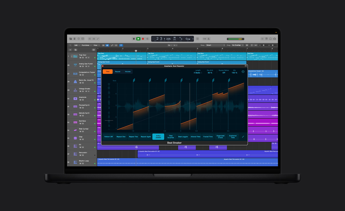 Pantalla de un MacBook Pro de 16 pulgadas que muestra una ventana de Beat Breaker, Anastacia: Beat Repeater, ondas de audio de Duración con ajustes y selecciones