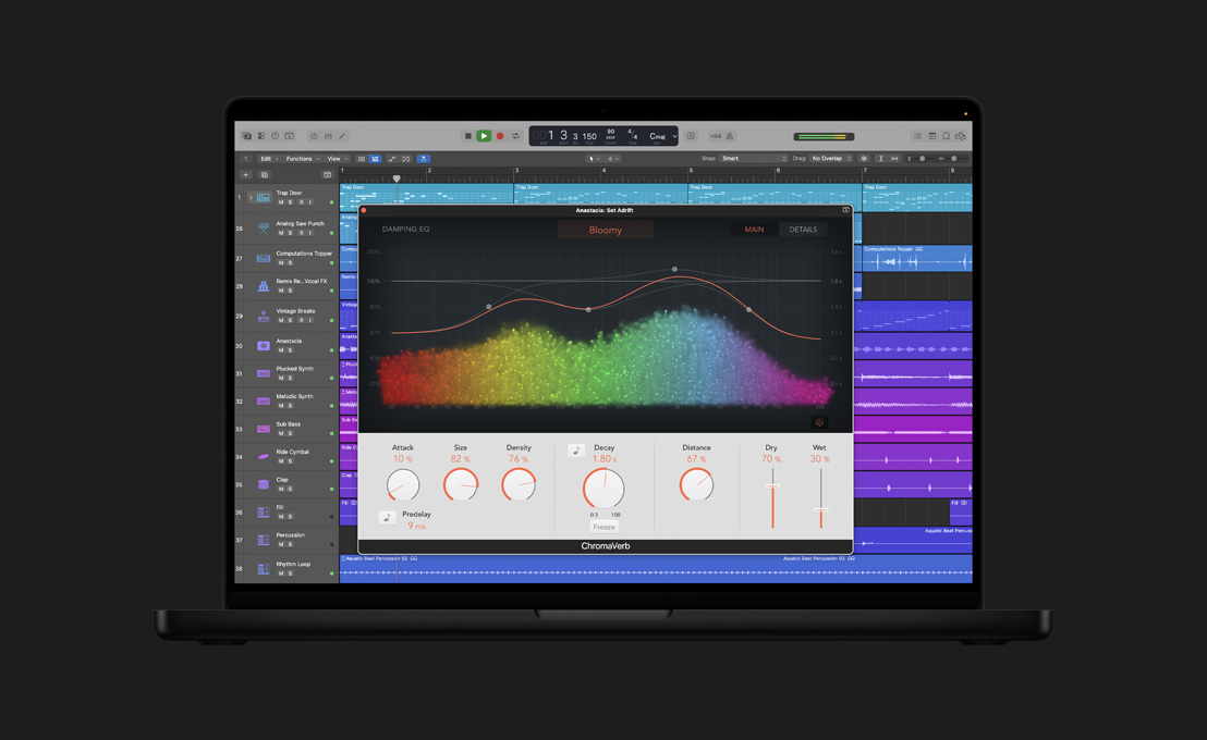 Pantalla de un MacBook Pro de 16 pulgadas que muestra una ventana de ChromaVerb, Anastacia: Set Adrift, ondas de sonido con los colores del arcoíris en una gráfica, controles de ajuste en la parte inferior