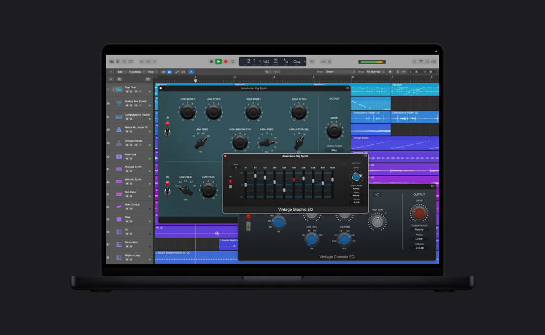 Pantalla de un MacBook Pro de 16 pulgadas que muestra una ventana Vintage EQ, Anastacia: Big Synth, controles ajustados en diferentes números y perillas de salida a la derecha