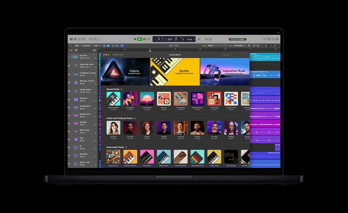 Pantalla de un MacBook Pro de 16 pulgadas que muestra la Biblioteca de Sonidos, así como paquetes de sonidos, artistas, productores e instrumentos
