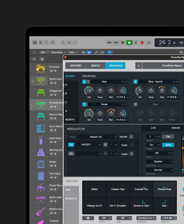 Pantalla de un MacBook Pro de 16 pulgadas que muestra ondas de sonido de diferentes instrumentos