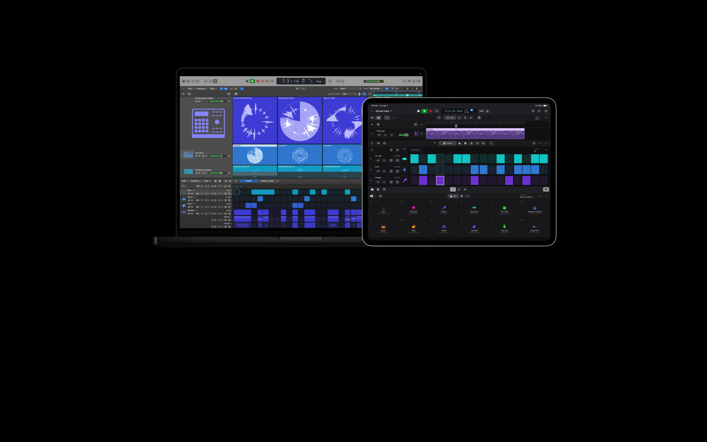 Pantalla de un MacBook Pro de 16 pulgadas que muestra la interfaz de Logic Pro, detalles de varios controles de bajo y batería, pantalla de un iPad Pro de 13 pulgadas que muestra los controles de distintos efectos de batería y percusión