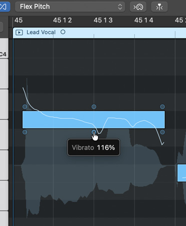 Pantalla que muestra Flex Pitch con el porcentaje de Vibrato, gráfico de Lead Vocal