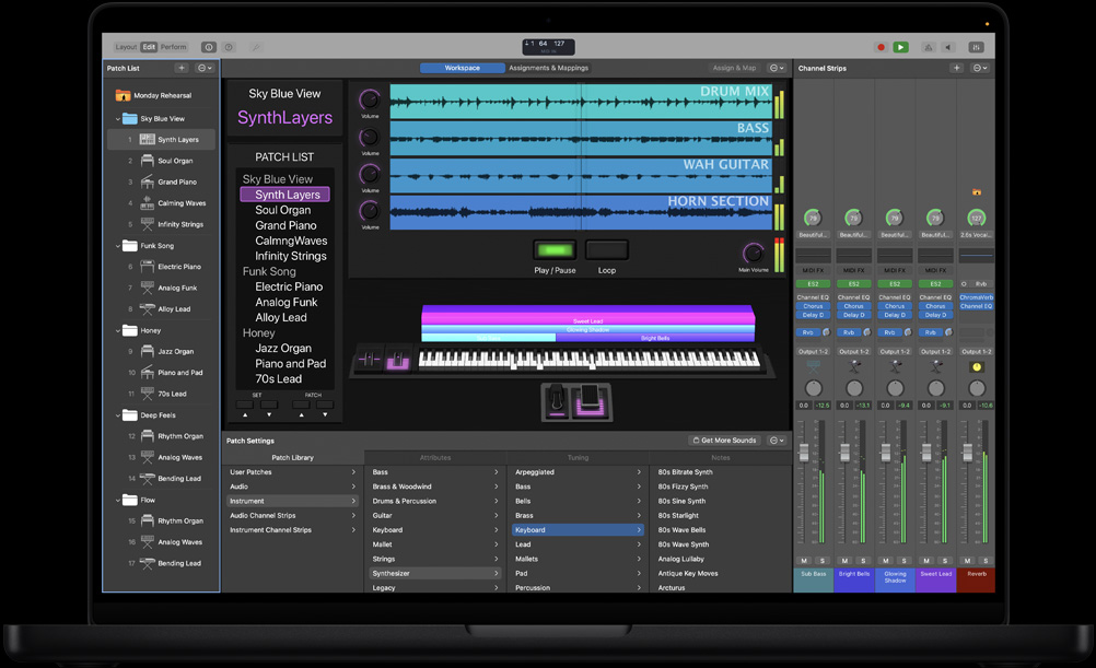 Pantalla de un MacBook Pro de 16 pulgadas que muestra el espacio de trabajo de MainStage, un panel izquierdo con varios archivos, en la parte inferior hay Ajustes de Patches con Biblioteca de Patches de sonidos, a la derecha hay canales y controles