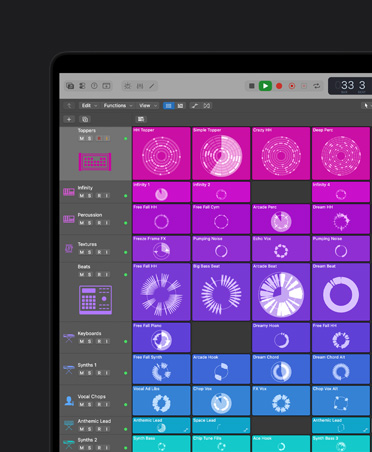Pantalla de un MacBook Pro de 16 pulgadas que muestra controles y efectos, panel izquierdo con Toppers, Infinito, Percusión, Texturas, Tiempos, Teclados, Synths 1, Vocal Chops, Anthemic Lead, Synths 2, Synths 3, cada fila está clasificada por color y se muestra a la derecha