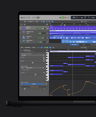 Pantalla de un MacBook Pro de 16 pulgadas que muestra ondas de sonido con diferentes filas, como Big Room, Morphing Lead, Lead Vocal, Massive Bass, en la parte inferior está la ventana Editor de Teclado con ajustes a la izquierda