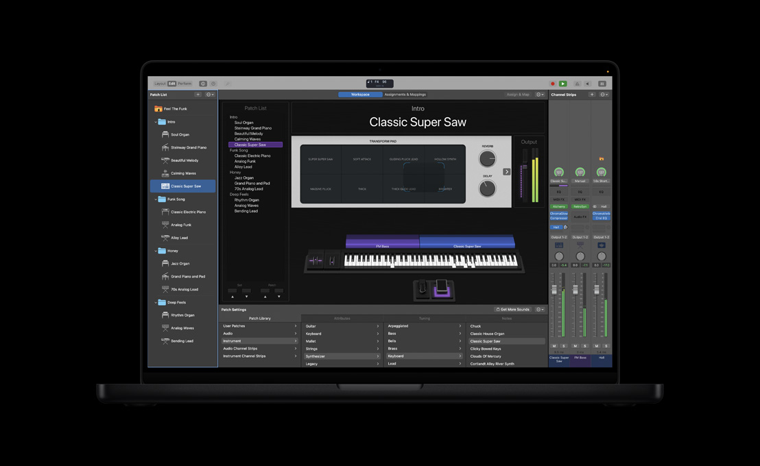 Pantalla de un MacBook Pro de 16 pulgadas que muestra el espacio de trabajo de MainStage en la sección Transform Pad, un panel izquierdo con varios archivos, en la parte inferior hay Ajustes de Patches con Biblioteca de Patches, a la derecha hay canales y controles