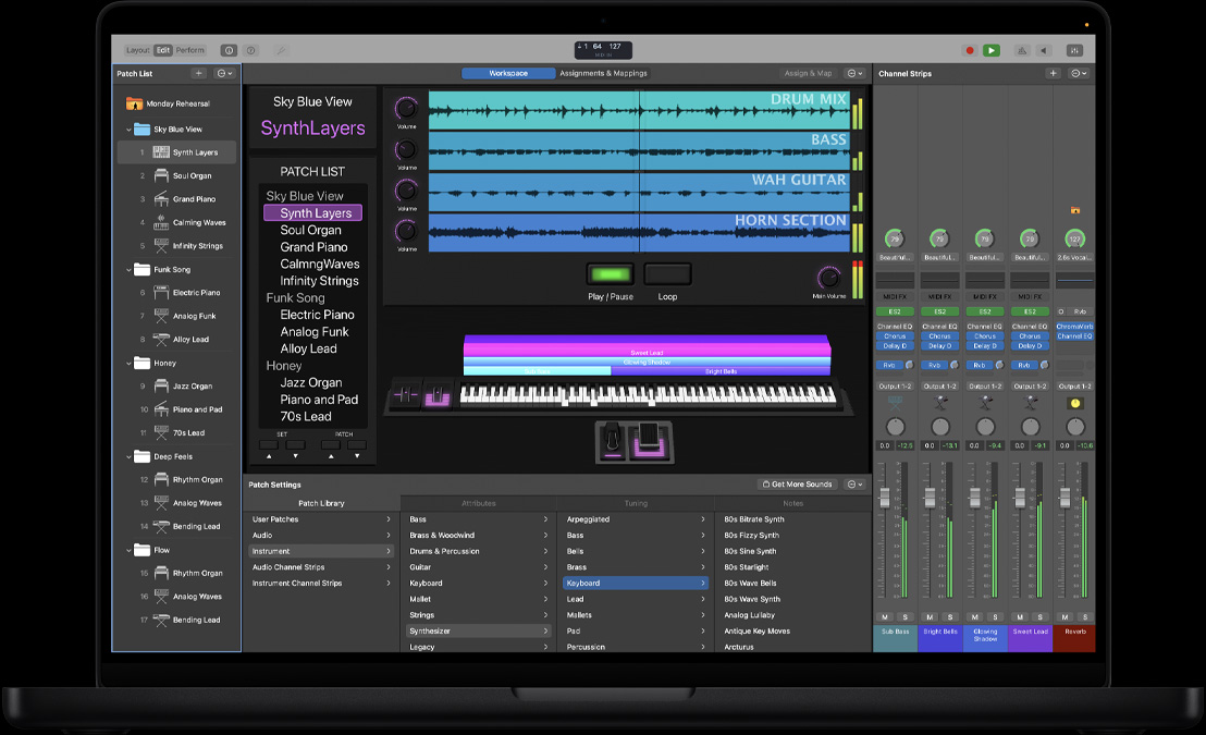 Pantalla de un MacBook Pro de 16 pulgadas que muestra el espacio de trabajo de MainStage, un panel izquierdo con varios archivos, en la parte inferior hay Ajustes de Patches con Biblioteca de Patches, a la derecha hay canales y controles